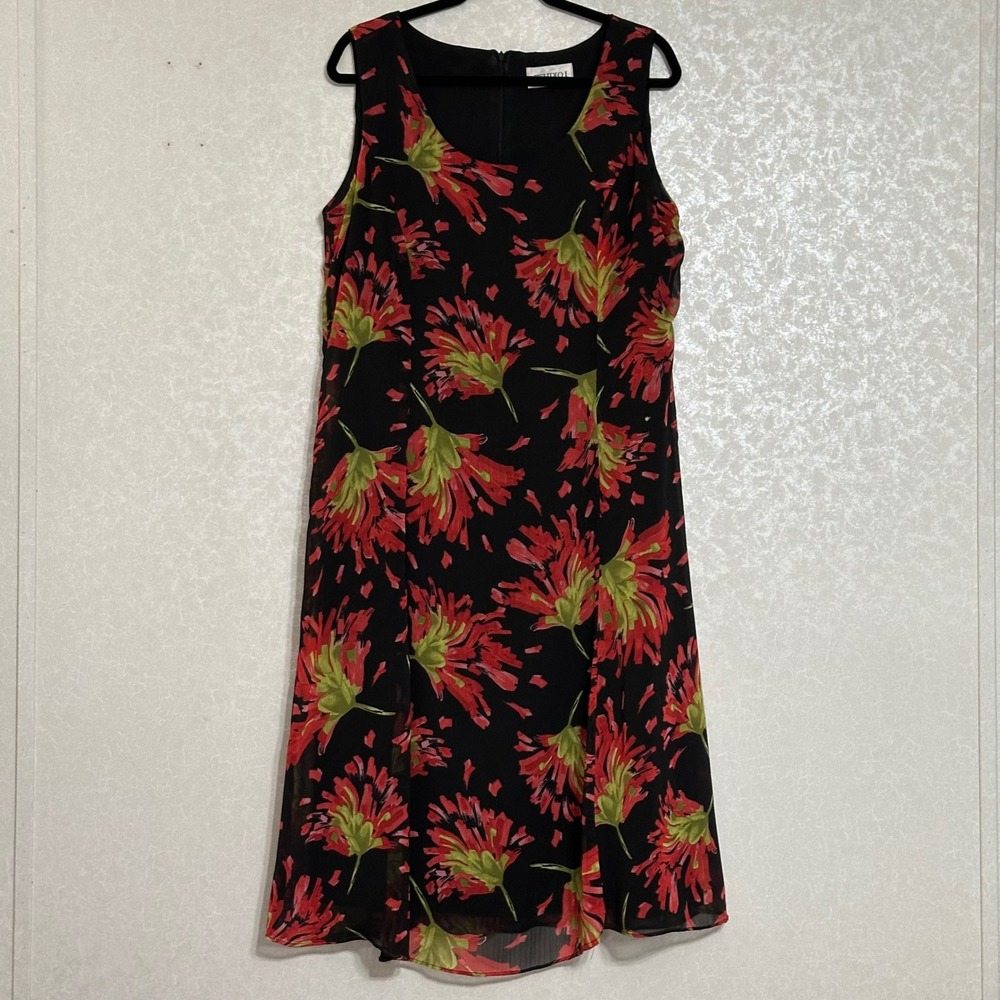 Studioโ I Red Floral Sleeveless A-line Black Midi Shift Dress Sheer Lined Sz 16
